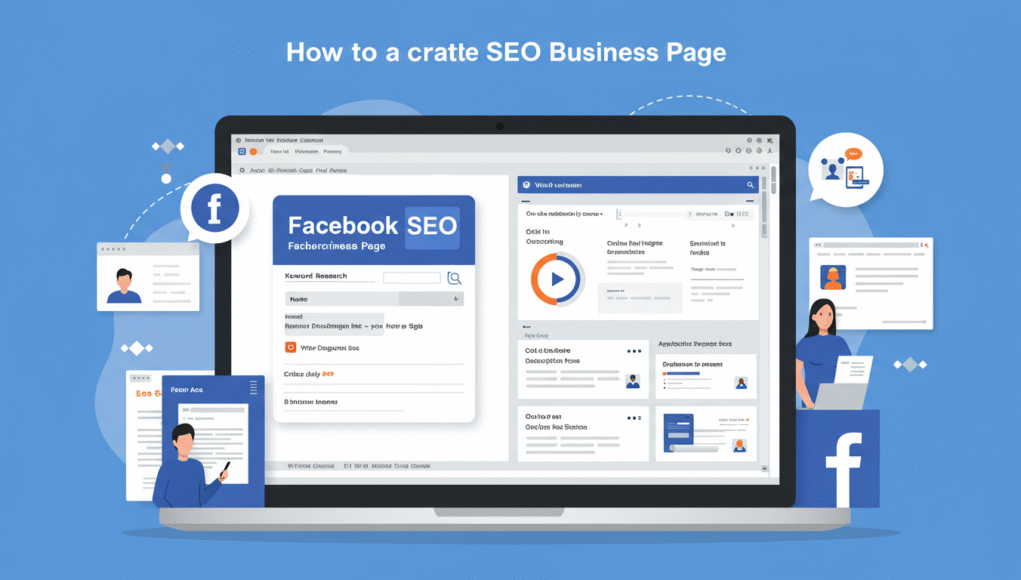 Illustration of a professional Facebook page setup with SEO optimization icons and a laptop screen showing social media analytics