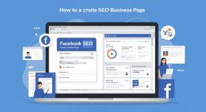 Illustration of a professional Facebook page setup with SEO optimization icons and a laptop screen showing social media analytics